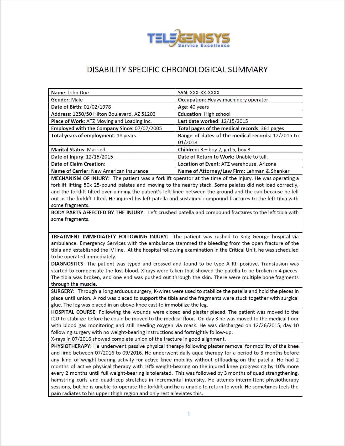 disability specific medical summary